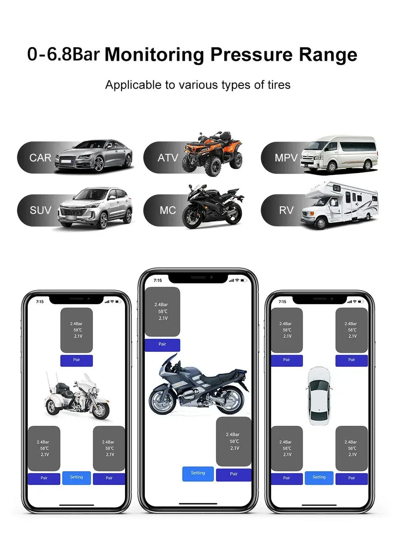 SENSORES de PRESSÃO dos PNEUS tpms MOTOCICLETA E CARRO sistema de monitoramento de pressão dos pneus compatível com BLUETOOTH sensor externo android/ios carro tmps