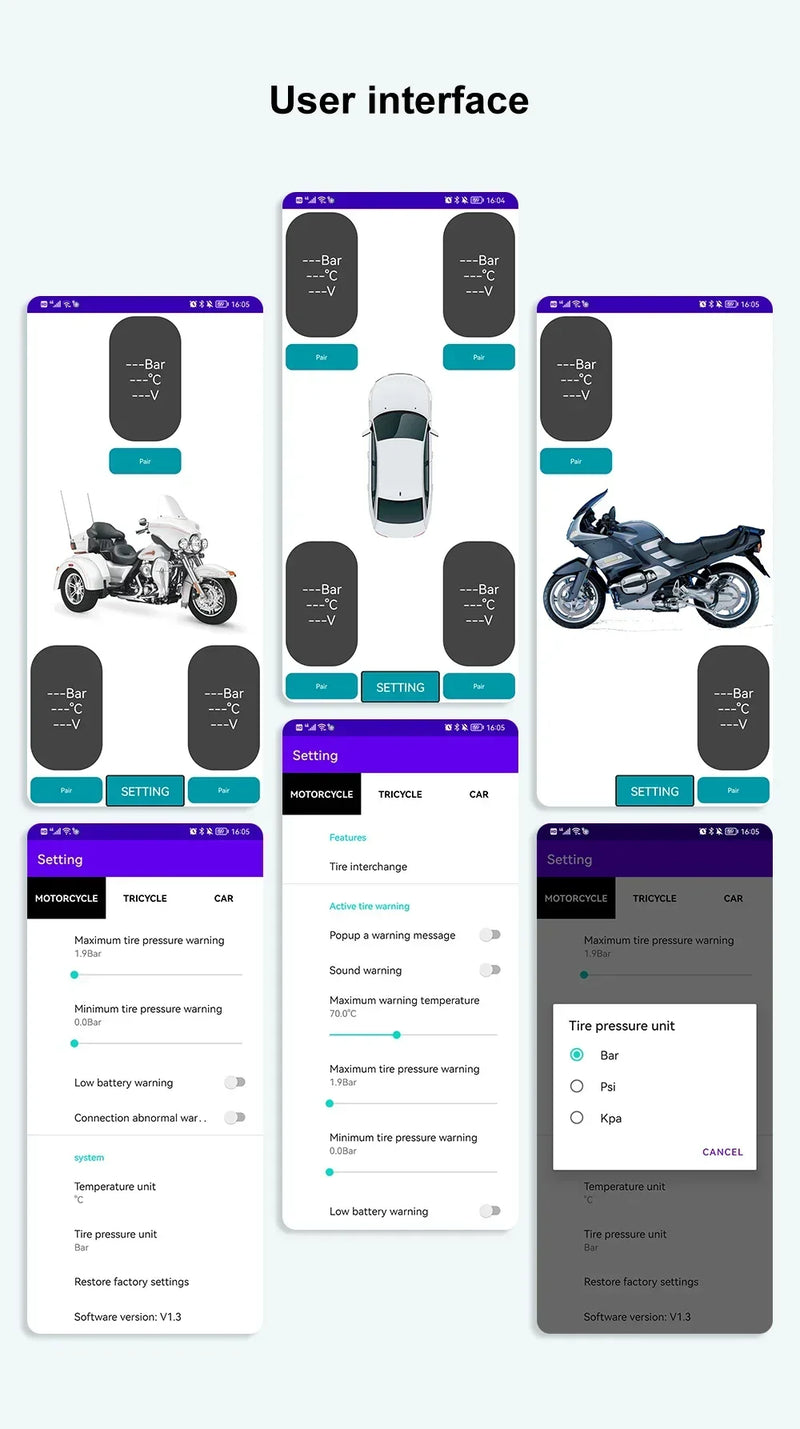 SENSORES de PRESSÃO dos PNEUS tpms MOTOCICLETA E CARRO sistema de monitoramento de pressão dos pneus compatível com BLUETOOTH sensor externo android/ios carro tmps