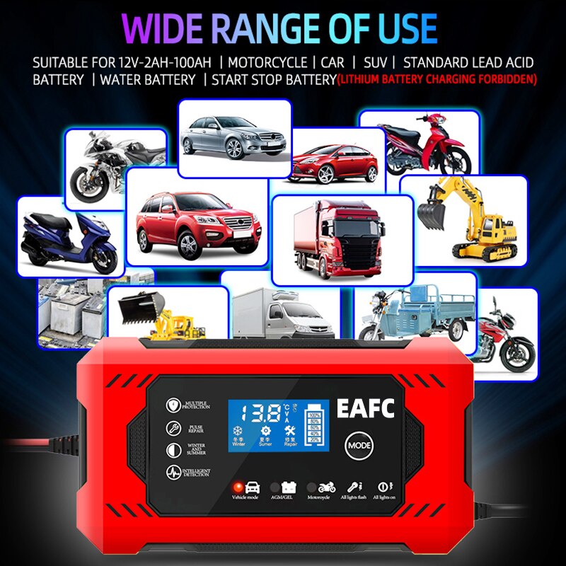 Carregador de bateria de carro 6a 12v dispositivo de carregamento de bateria de carro e motocicleta bateria de chumbo-ácido reparação inteligente display lcd