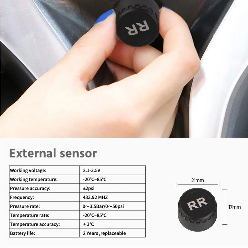 Sistema inteligente de monitoramento de pressão de pneus tpms, sensores de estacionamento solares para carros, medidor de pressão de ar de temperatura de pneus