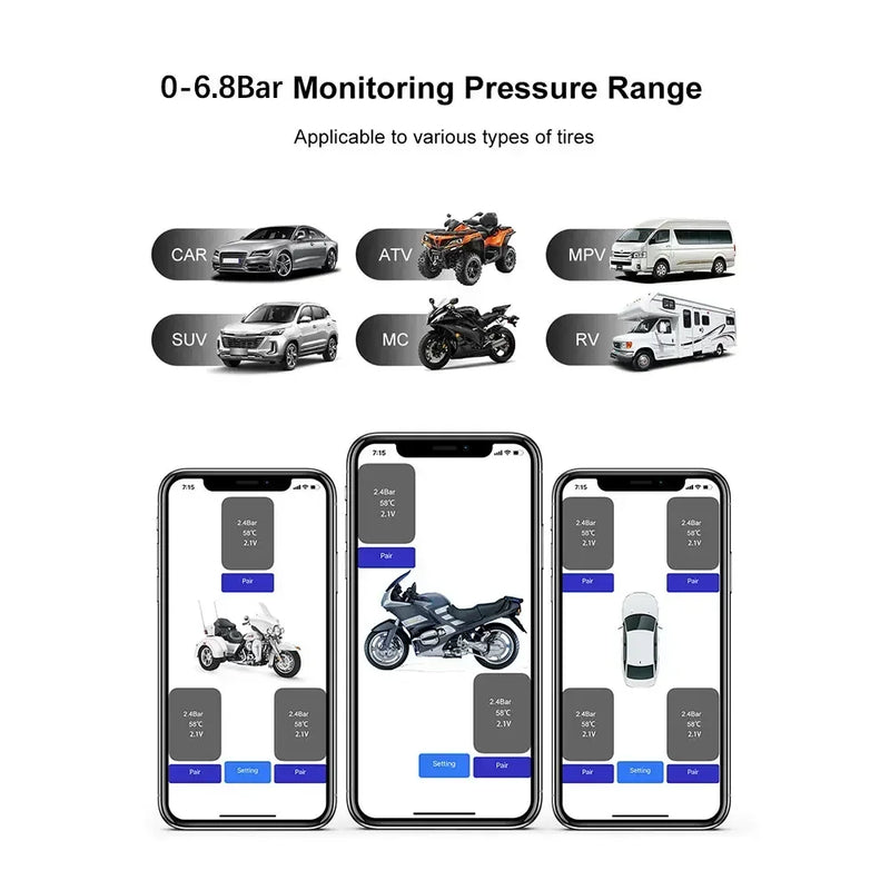 SENSORES de PRESSÃO dos PNEUS tpms MOTOCICLETA E CARRO sistema de monitoramento de pressão dos pneus compatível com BLUETOOTH sensor externo android/ios carro tmps