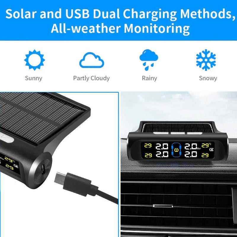 Sistema inteligente de monitoramento de pressão de pneus tpms, sensores de estacionamento solares para carros, medidor de pressão de ar de temperatura de pneus