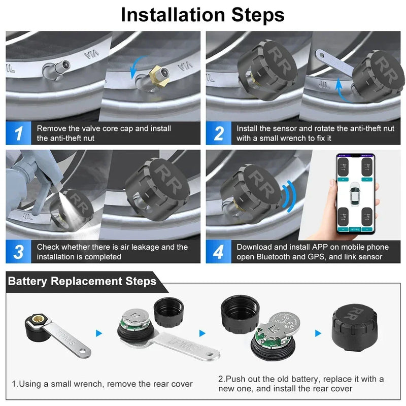 SENSORES de PRESSÃO dos PNEUS tpms MOTOCICLETA E CARRO sistema de monitoramento de pressão dos pneus compatível com BLUETOOTH sensor externo android/ios carro tmps