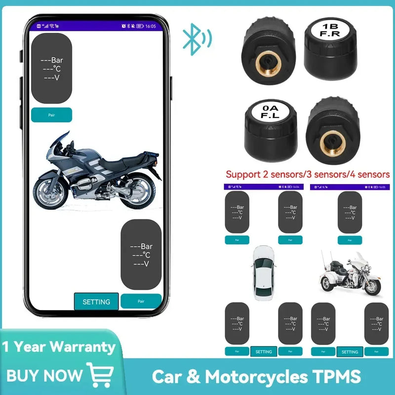 SENSORES de PRESSÃO dos PNEUS tpms MOTOCICLETA E CARRO sistema de monitoramento de pressão dos pneus compatível com BLUETOOTH sensor externo android/ios carro tmps