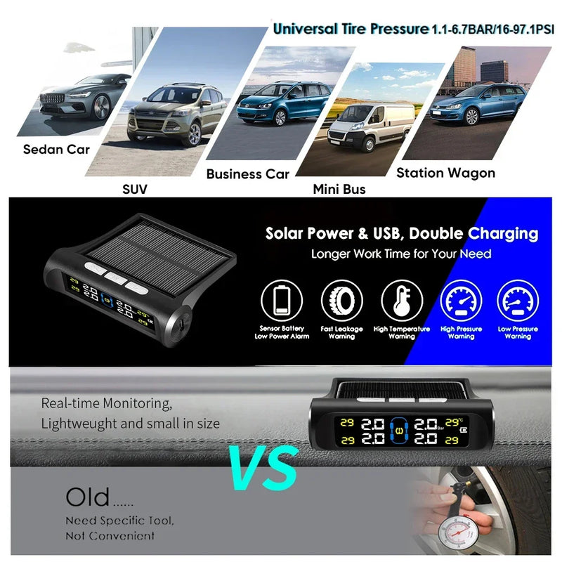 Sistema inteligente de monitoramento de pressão de pneus tpms, sensores de estacionamento solares para carros, medidor de pressão de ar de temperatura de pneus