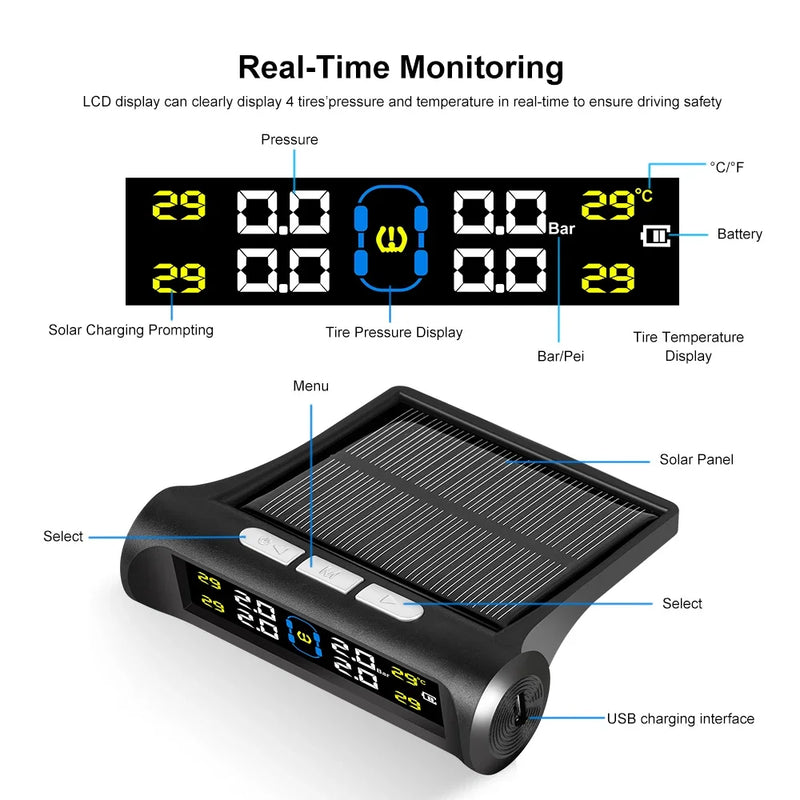 Sistema inteligente de monitoramento de pressão de pneus tpms, sensores de estacionamento solares para carros, medidor de pressão de ar de temperatura de pneus