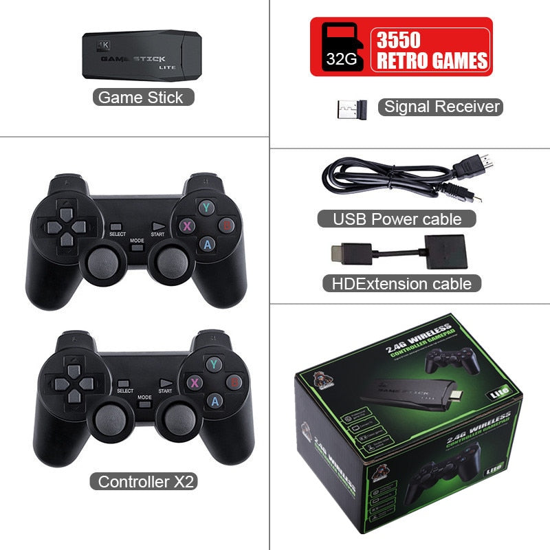 VIDEOGAME Vários formatos de emulador: Para ps1/atari/mame/sfc/fc/gba/gb/gbc/md suporta emuladores. Com dois gamepads2.4G duplo controlador sem fio Game Stick 4K 10000 jogos 64 32GB Retro Games para PS1/GBA Boy Gift Christmas