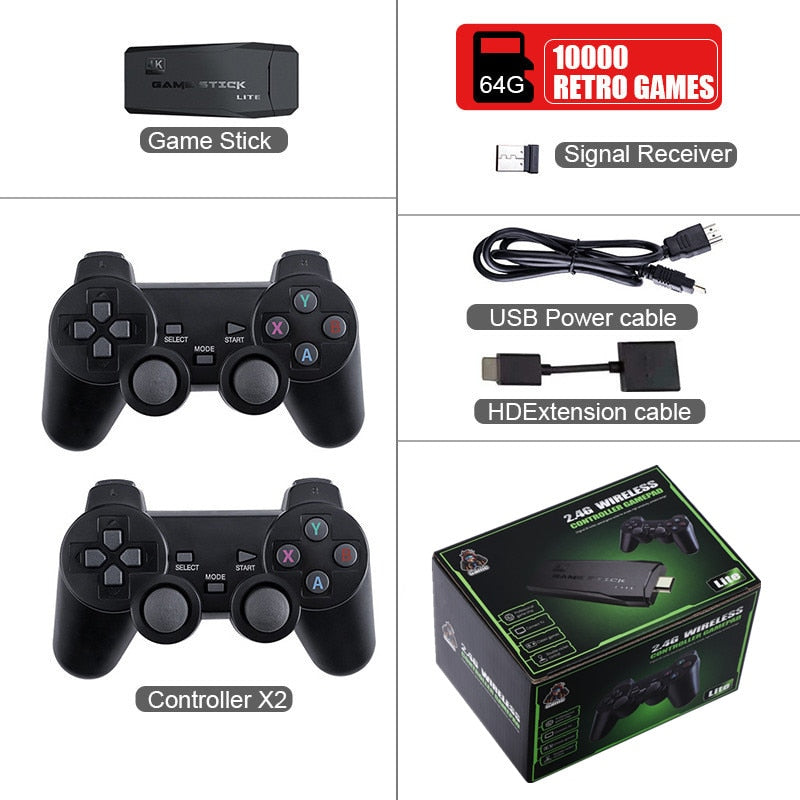 VIDEOGAME Vários formatos de emulador: Para ps1/atari/mame/sfc/fc/gba/gb/gbc/md suporta emuladores. Com dois gamepads2.4G duplo controlador sem fio Game Stick 4K 10000 jogos 64 32GB Retro Games para PS1/GBA Boy Gift Christmas