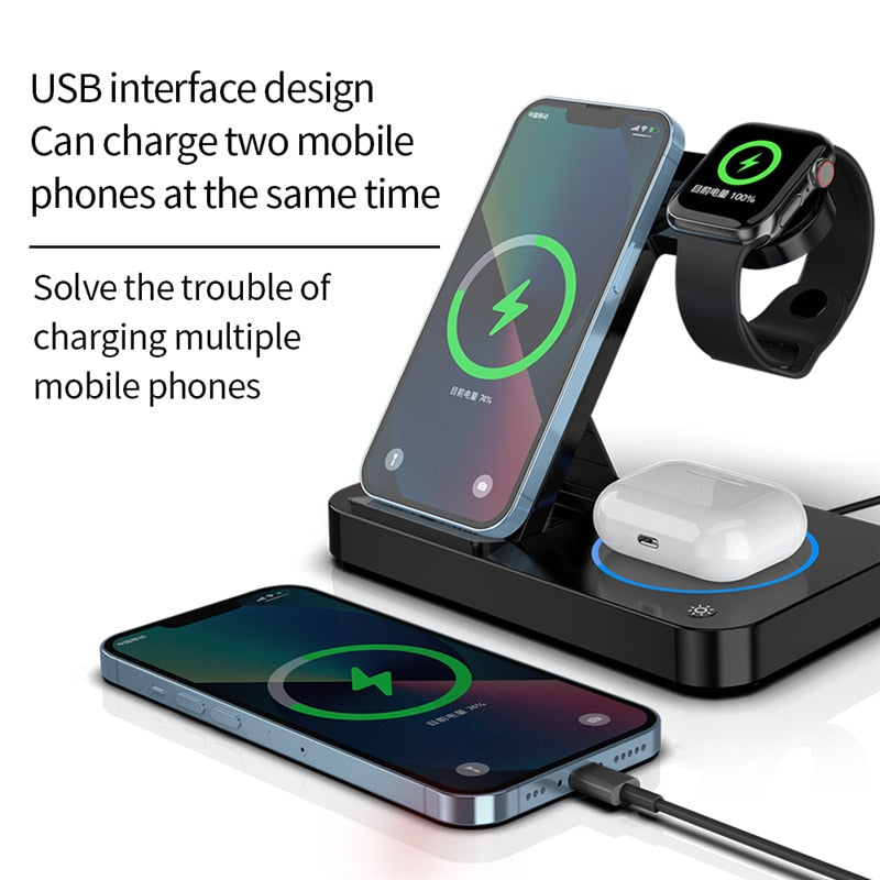 Carregador indução Estação de carregamento sem fio dobrável 100W 4 em 1 para iPhone 14 13 Pro Apple Watch 7 6 Samsung Galaxy Watch Carregadores 4/3 S22 S21