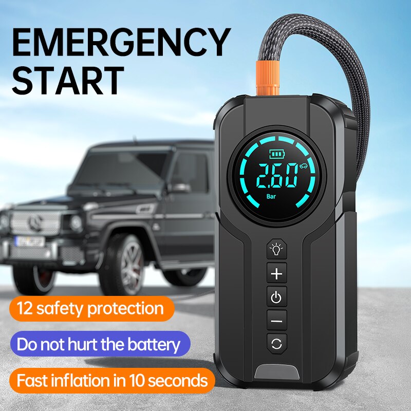 VÁRIAS FUNÇÕES EM UM SÓ - AUXILIAR DE PARTIDA, Carro jump Starter Bomba de ar, Power Bank, Iluminação, Compressor de ar portátil, Carros Bateria Starters Iniciando, inflador de pneus automático,