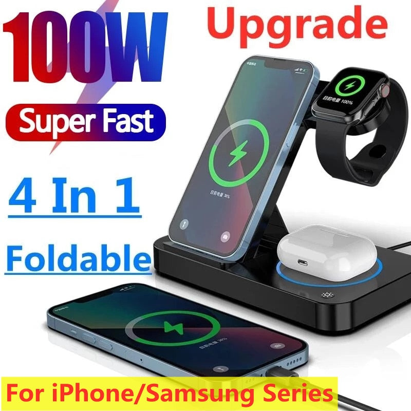 Carregador indução Estação de carregamento sem fio dobrável 100W 4 em 1 para iPhone 14 13 Pro Apple Watch 7 6 Samsung Galaxy Watch Carregadores 4/3 S22 S21