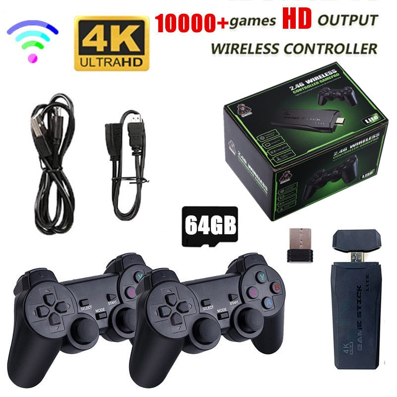 VIDEOGAME Vários formatos de emulador: Para ps1/atari/mame/sfc/fc/gba/gb/gbc/md suporta emuladores. Com dois gamepads2.4G duplo controlador sem fio Game Stick 4K 10000 jogos 64 32GB Retro Games para PS1/GBA Boy Gift Christmas